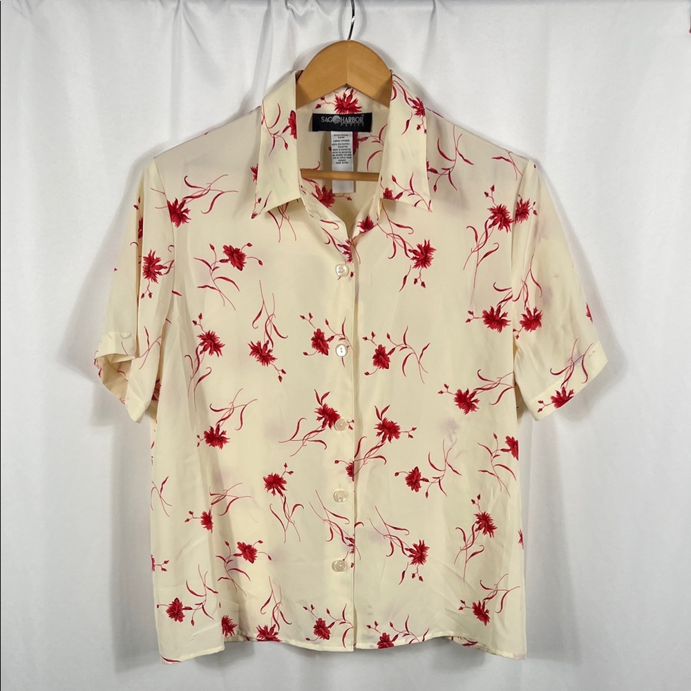 Vinatge 90’s Sag Harbor Petite Women’s‎ Button Down Blouse Large Cream Red